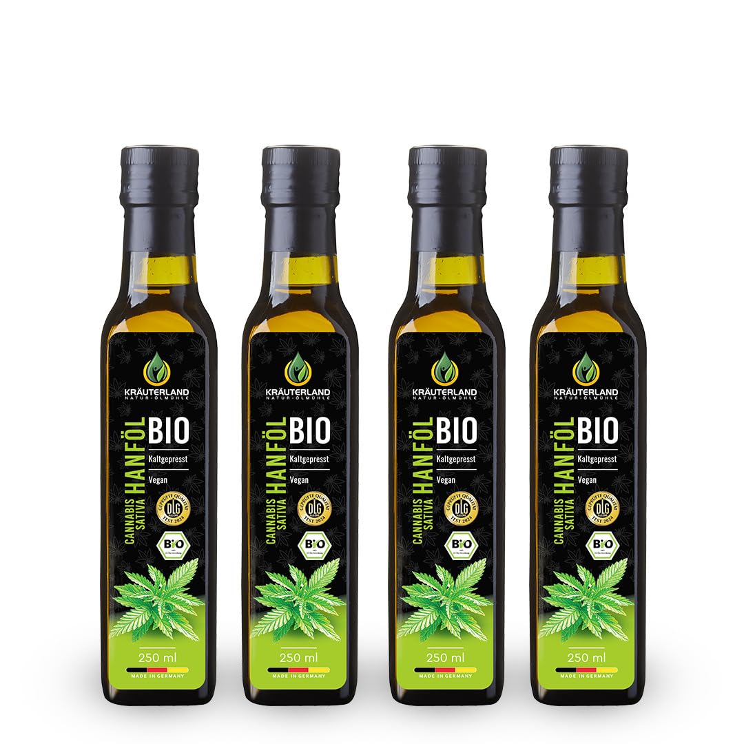 Kräuterland Organic Hemp Oil Bio Certified 1 Litre 4 x 100 ml Cold Pressed 100% Natural and Pure, Purely Native, Ground Direct by Manufacturer Kräuterland Premium Quality

